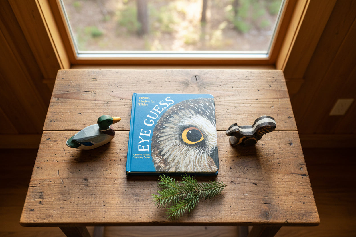 Book titled 'Eye Guess' with owl illustration on a wooden table near a window with a forest view.