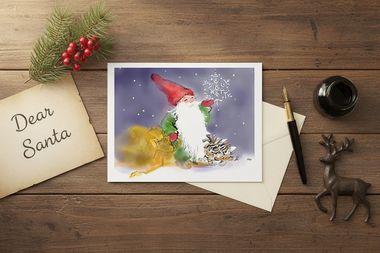 Gnome with a red hat and white beard blowing snowflakes against a snowy background on a desktop with a dear santa letter