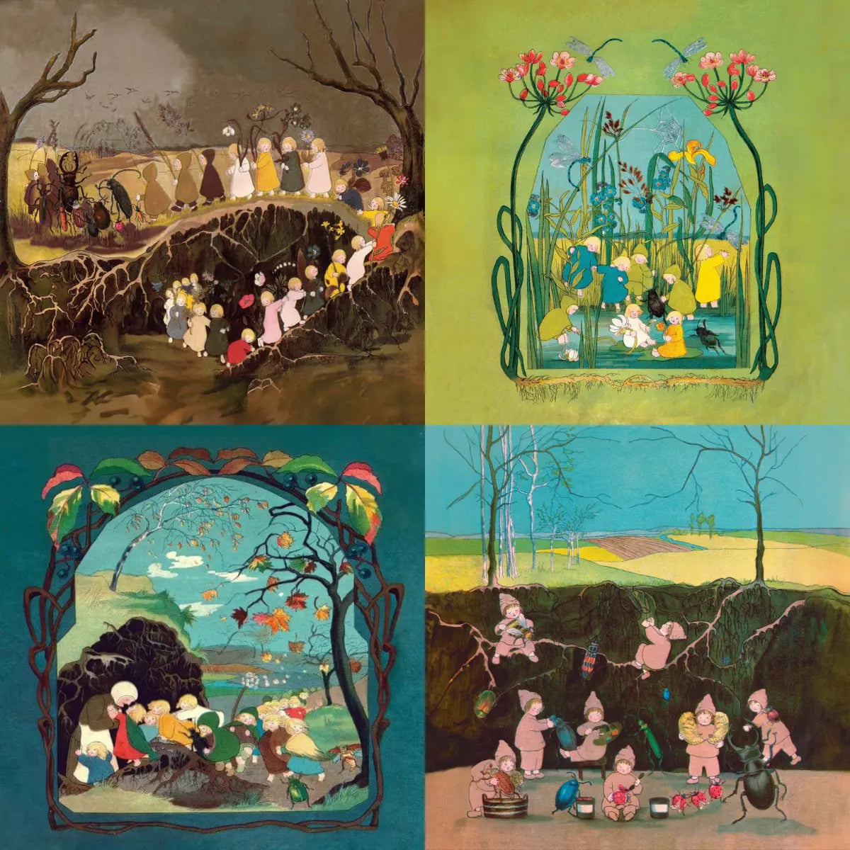 Set of four Toverlux scenes from The Story of the Root Children showing spring, summer, autumn, and winter illustrations by Sibylle von Olfers