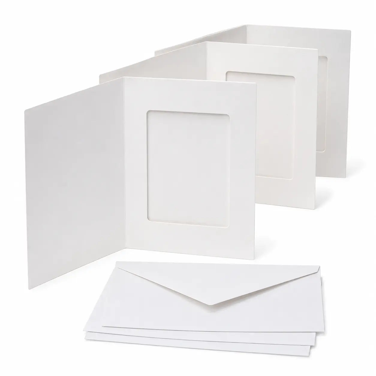 Three white tri-fold encaustic window cards with rectangular openings and matching envelopes