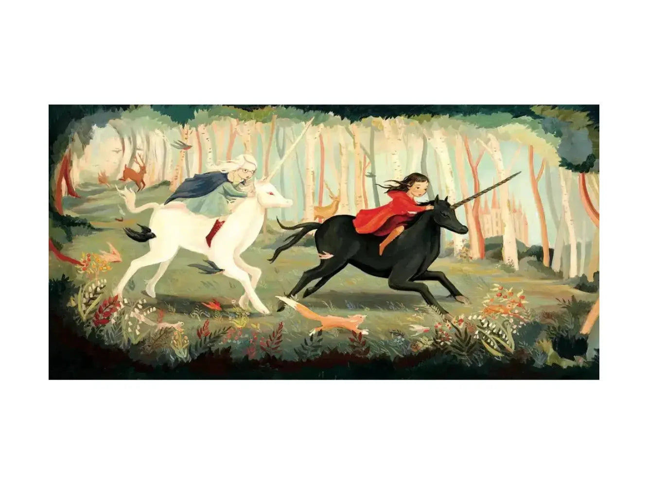 Two people riding unicorns through a forest with a fox nearby.