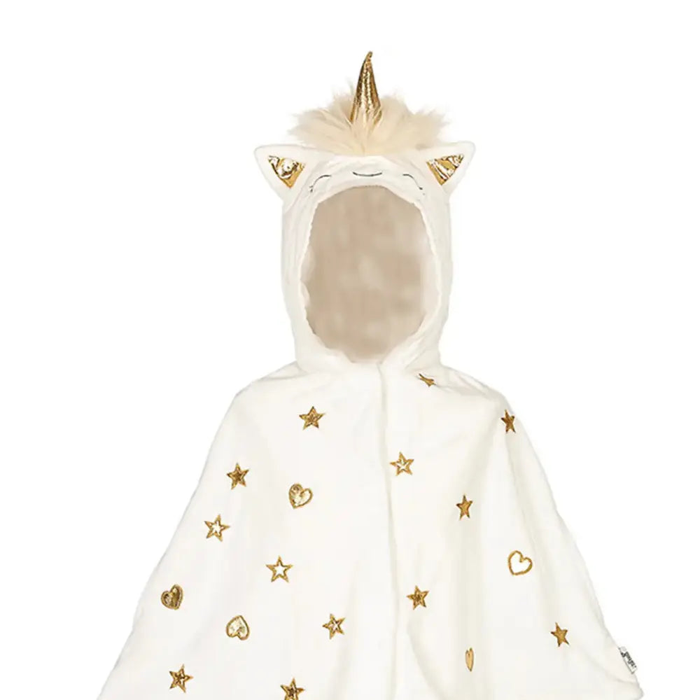 Close-up of unicorn hood with horn and ears on off-white dress-up cape for kids