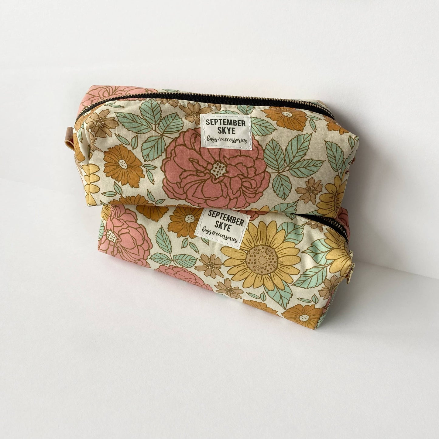 Vintage Floral boxy pencil pouch by September Skye in a soft pink, yellow, and mint floral print