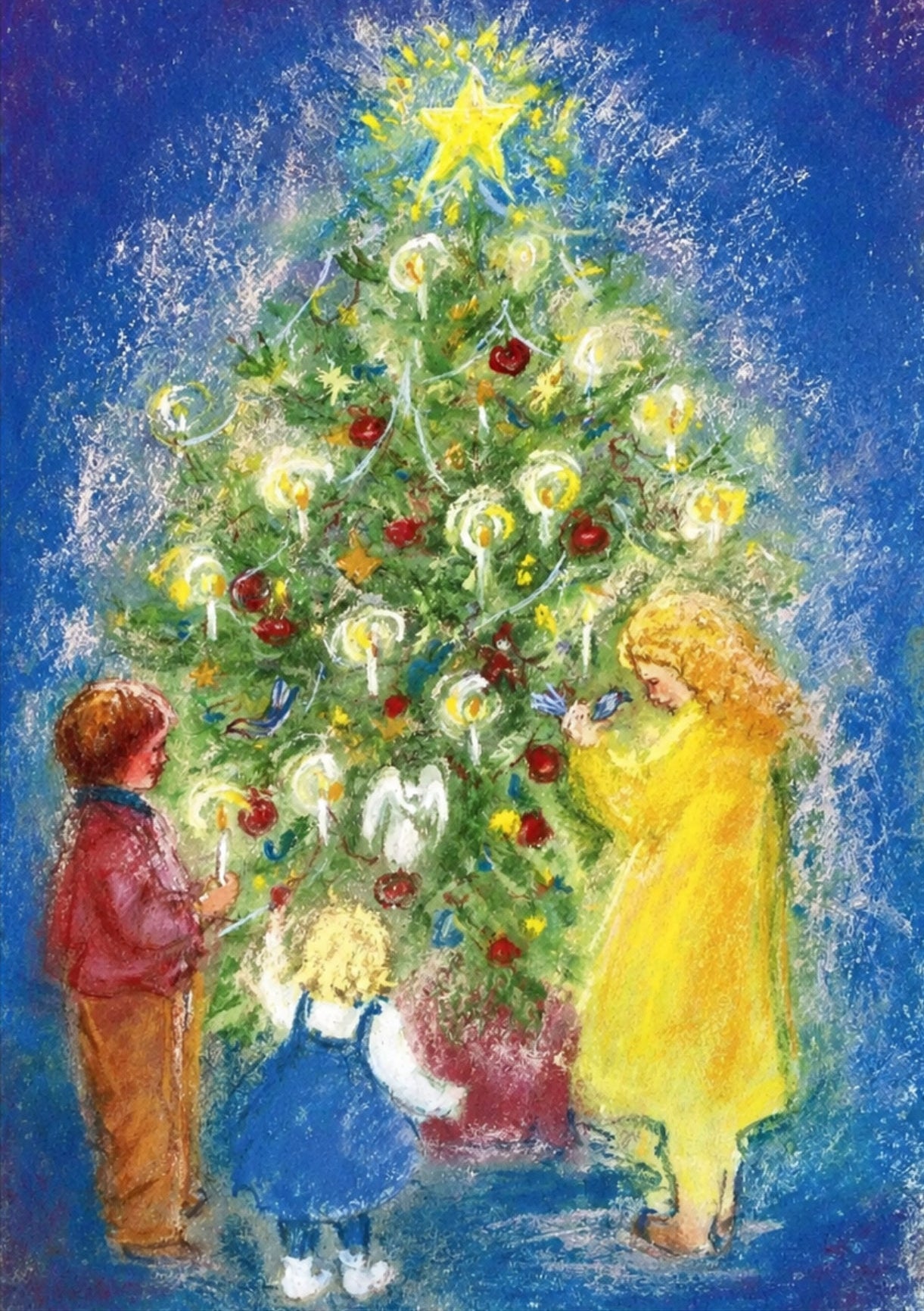 Waldorf christmas card of children decorating a Christmas tree