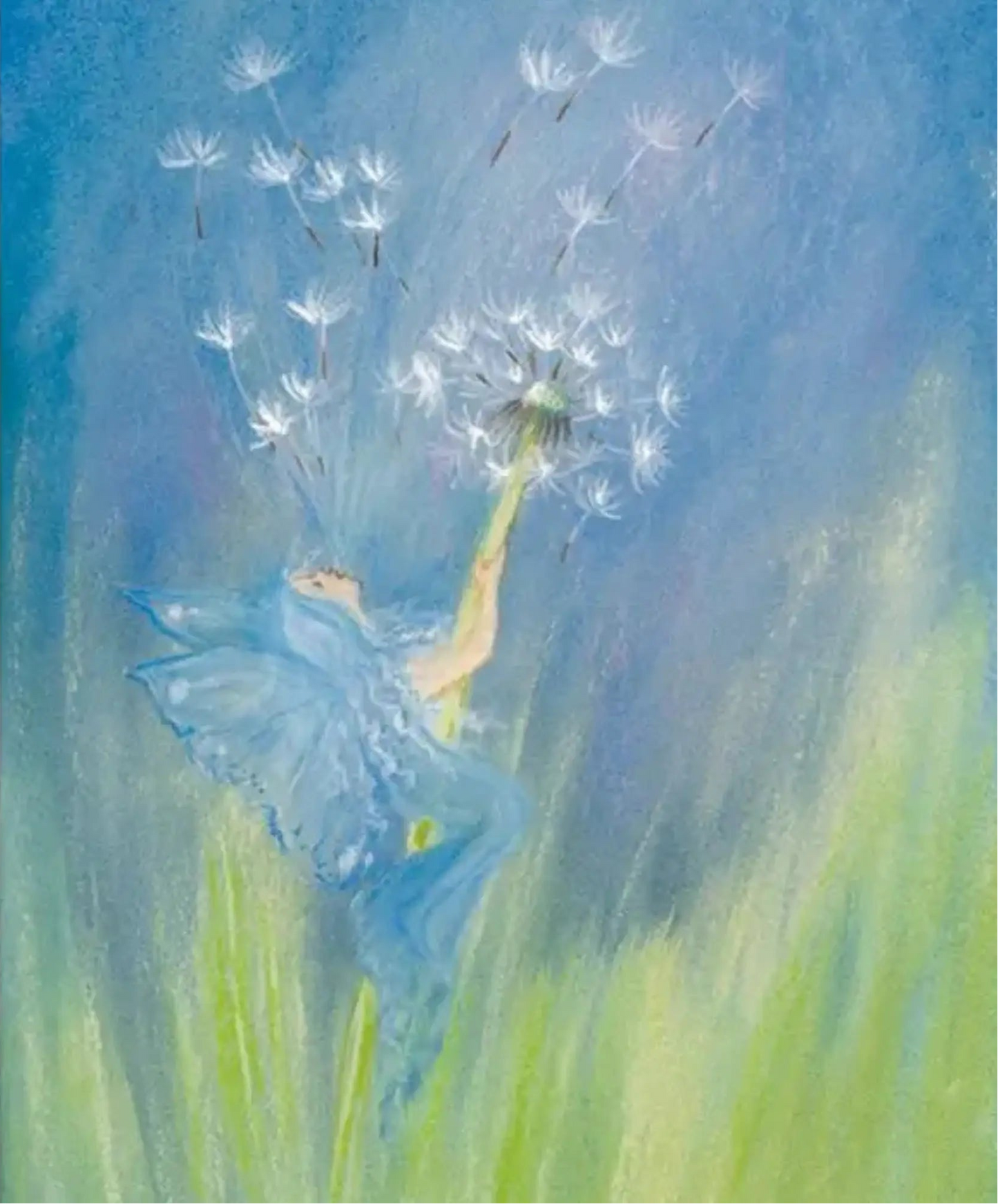 Painting of a fairy blowing a dandelion with a blue sky and green grass background