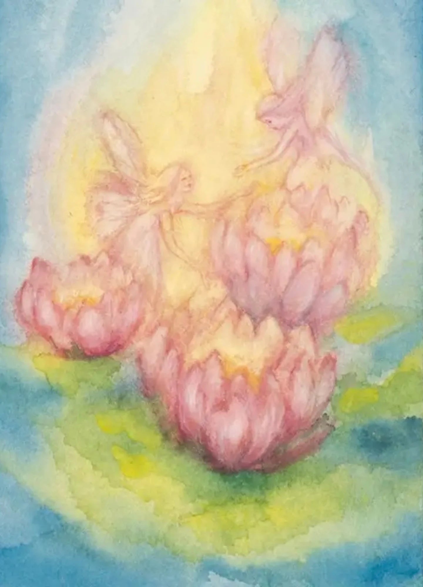 Fairy Nymphs postcard by Marjan van Zeyl featuring delicate fairies among pink water lilies in a soft pond scene