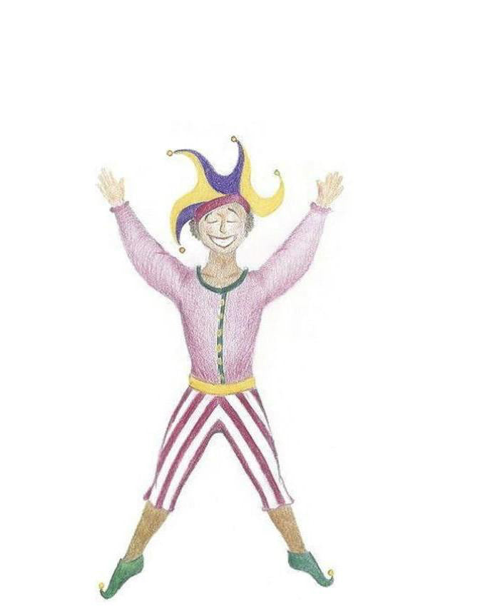 Illustration of a jester character with a colorful hat and striped pants on a white background