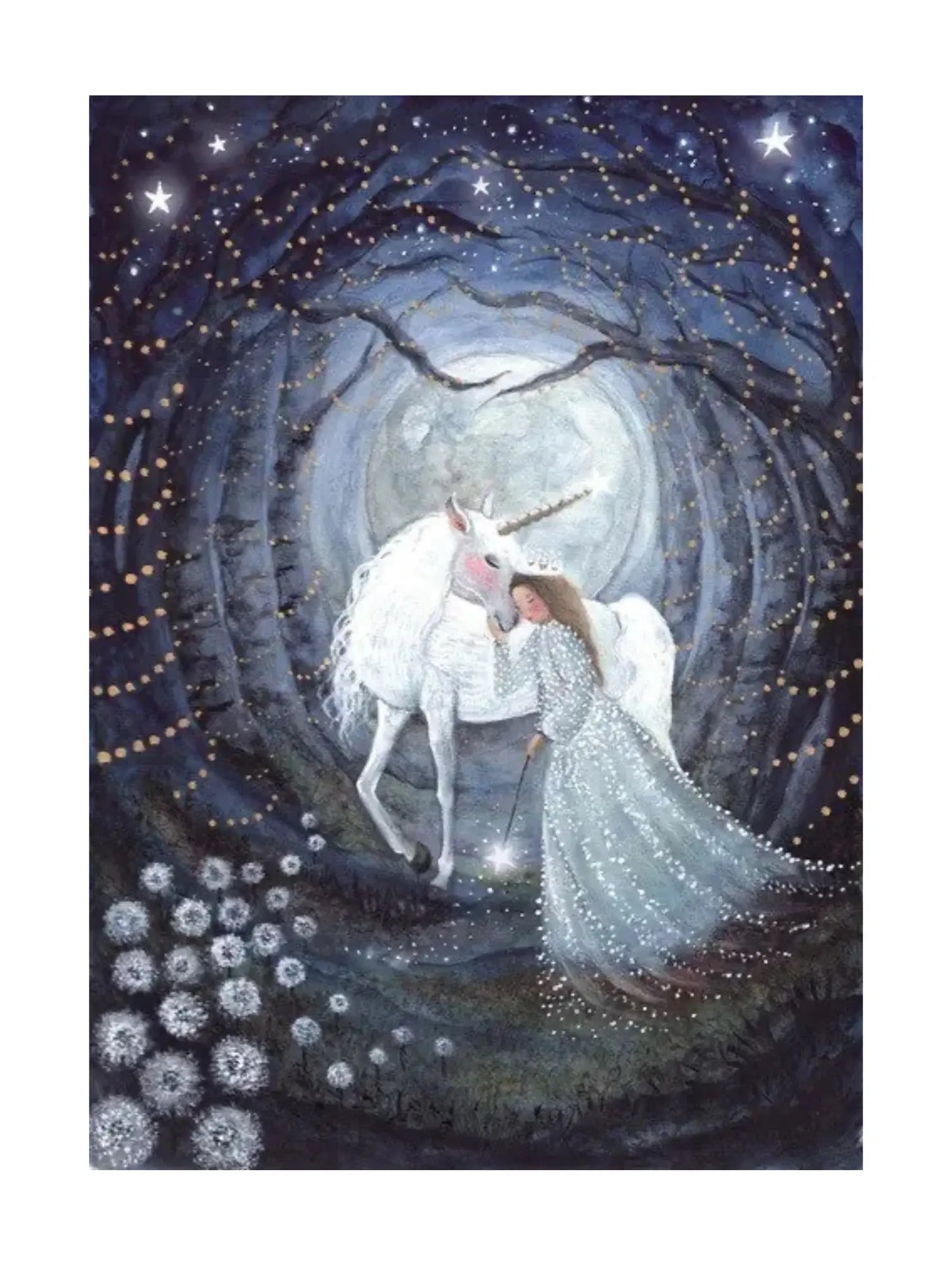Princess in a silvery white dress standing next to a unicorn in a mystical forest with stars and moon.