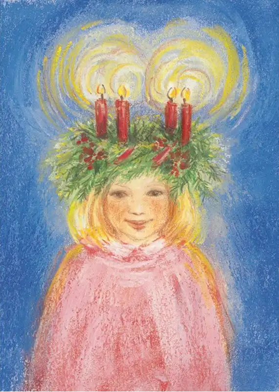 Marjan van Zeyl postcard celebrating Saint Lucia with a girl in an evergreen and candle crown