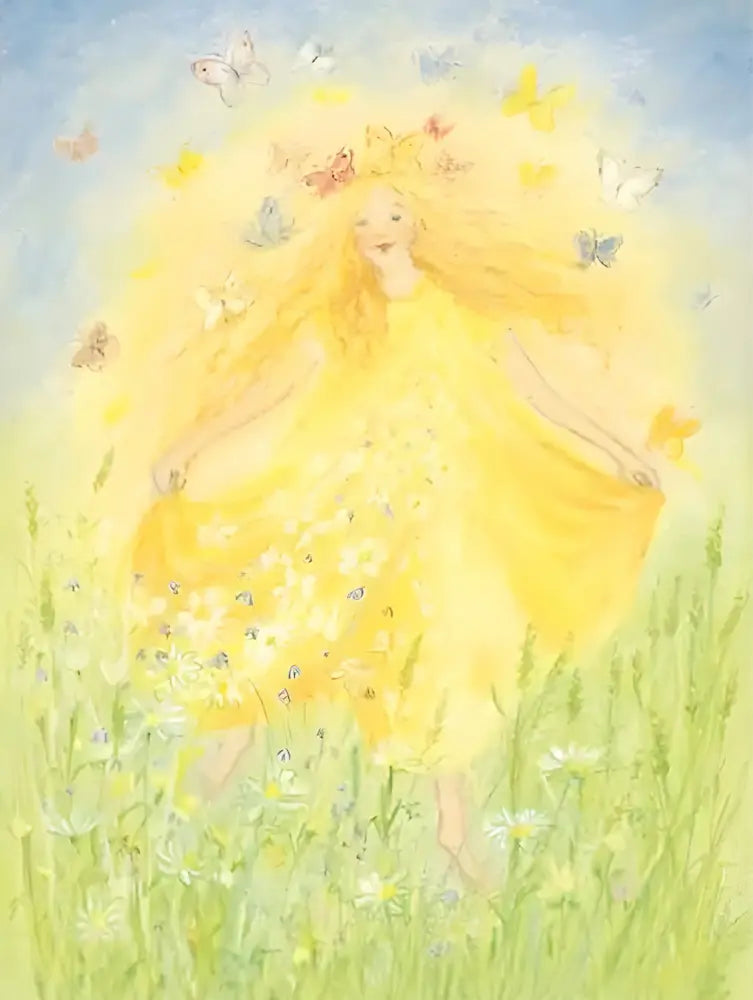 A girl with long blonde hair and a yellow dress surrounded by butterflies in a grassy field.