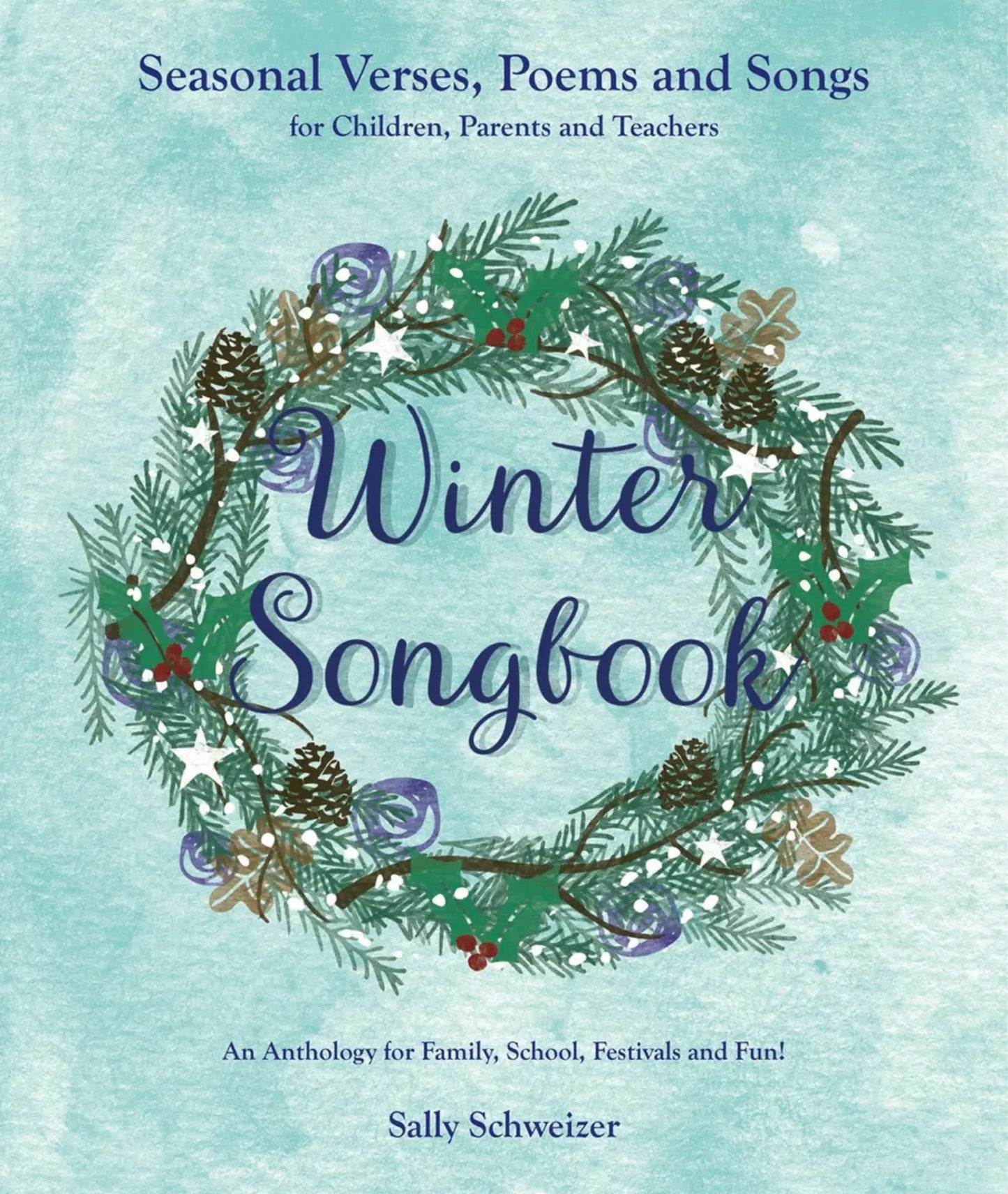 Winter Songbook cover with decorative wreath and text on a light blue background