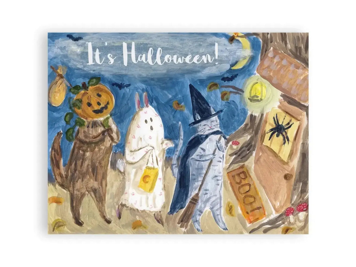 Halloween Parade woodland postcard by Ingrid Press with costumed animals, crescent moon, bats and a tiny tree door.