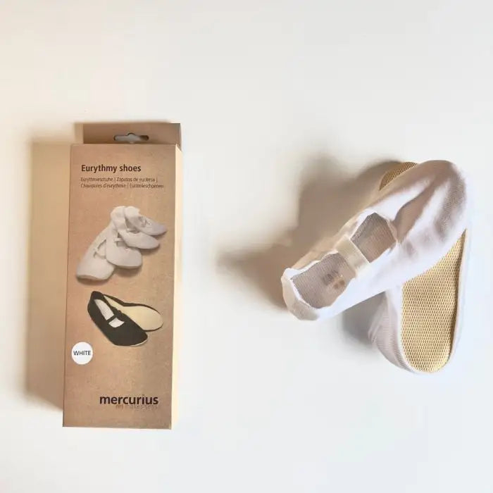 a pair of white eurythmy shoes on white next to the packaging