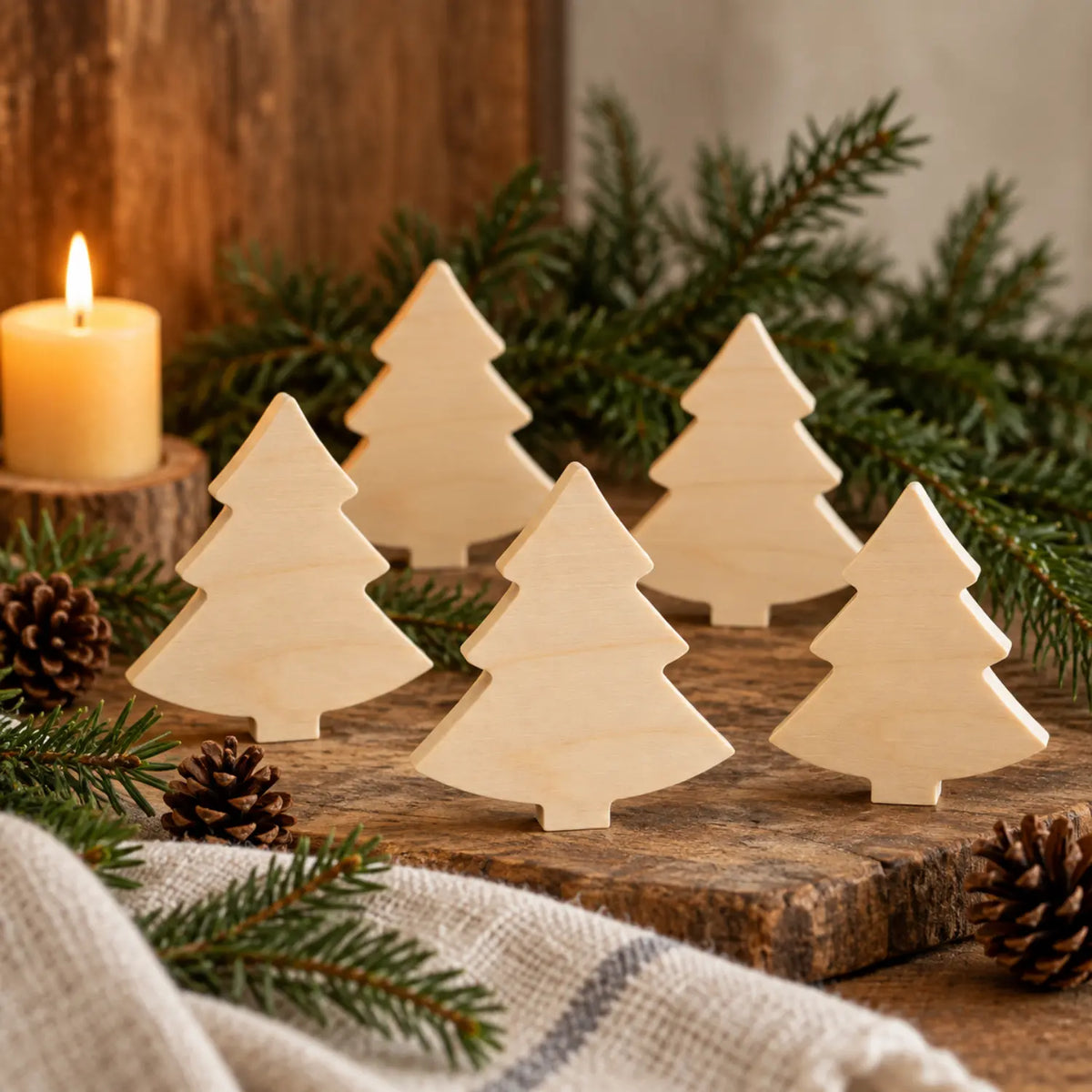 Unfinished birch wood evergreen tree for winter crafts and seasonal nature tables seasonal table scene