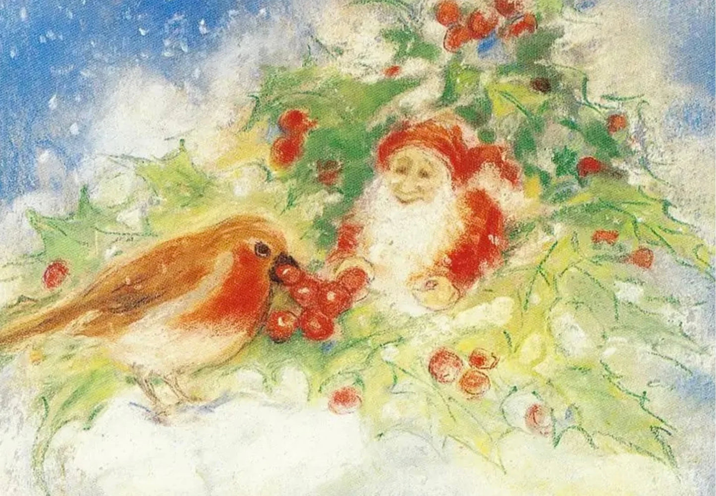 Postcard of a winter gnome, holly berries, and robin in the snow