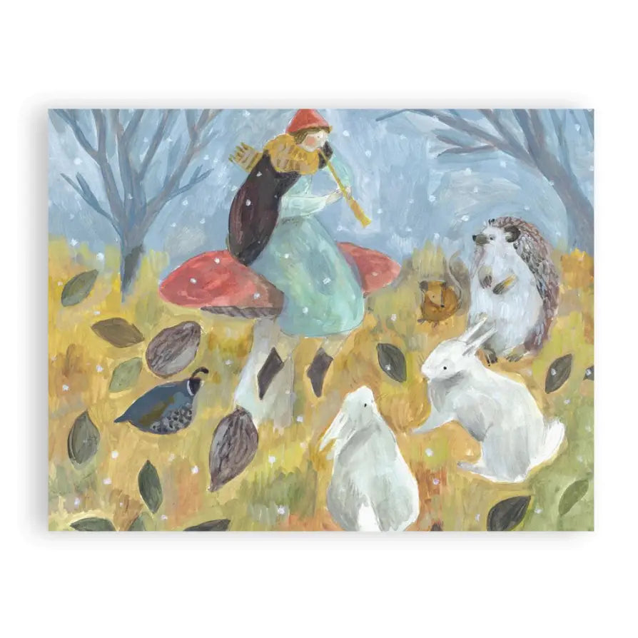 A small fairy folk dressed in winter clothing sits on a mushroom playing a flute surrounded by forest animals
