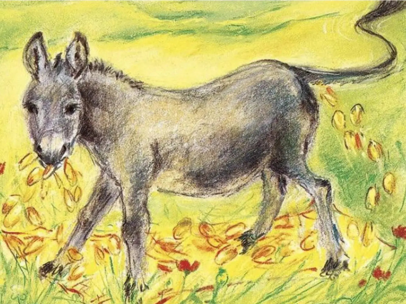 Postcard illustration of a donkey in a field from The Wishing Table fairy tale on a yellow background