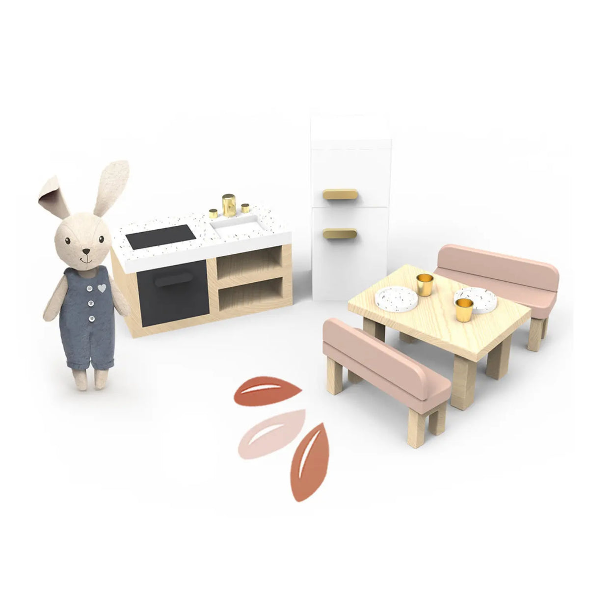 Wooden dollhouse kitchen and dining furniture set with stove, refrigerator, table, pink benches, miniature dishes, and linen bunny character.