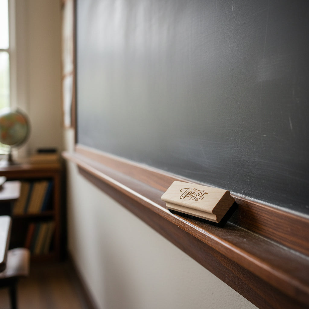 a wooden handled blackboard eraser on the rail of a blackboard in a classroom