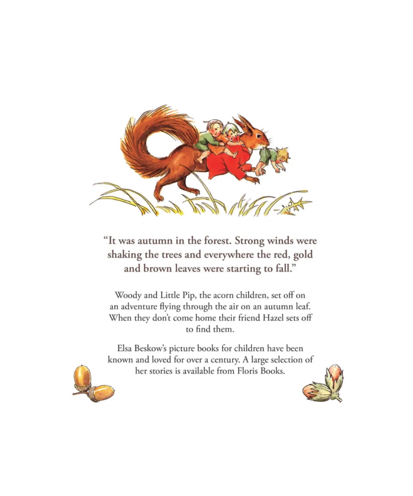 Illustration of two squirrels with a child on an autumn leaf, accompanied by text about a children's book series.