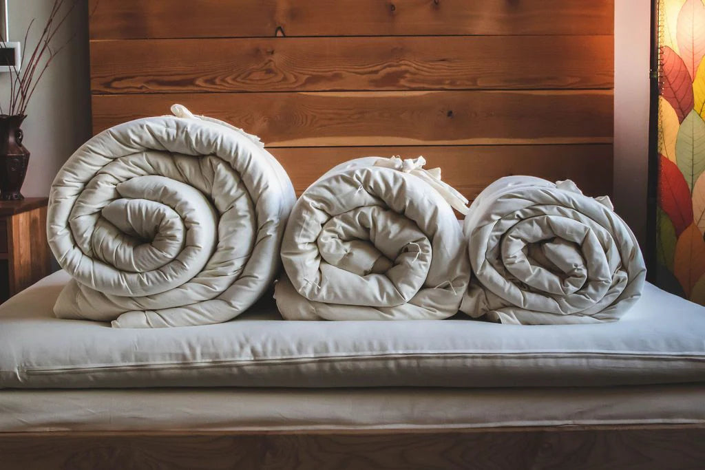Three rolled wool comforters displayed together showing size and loft differences