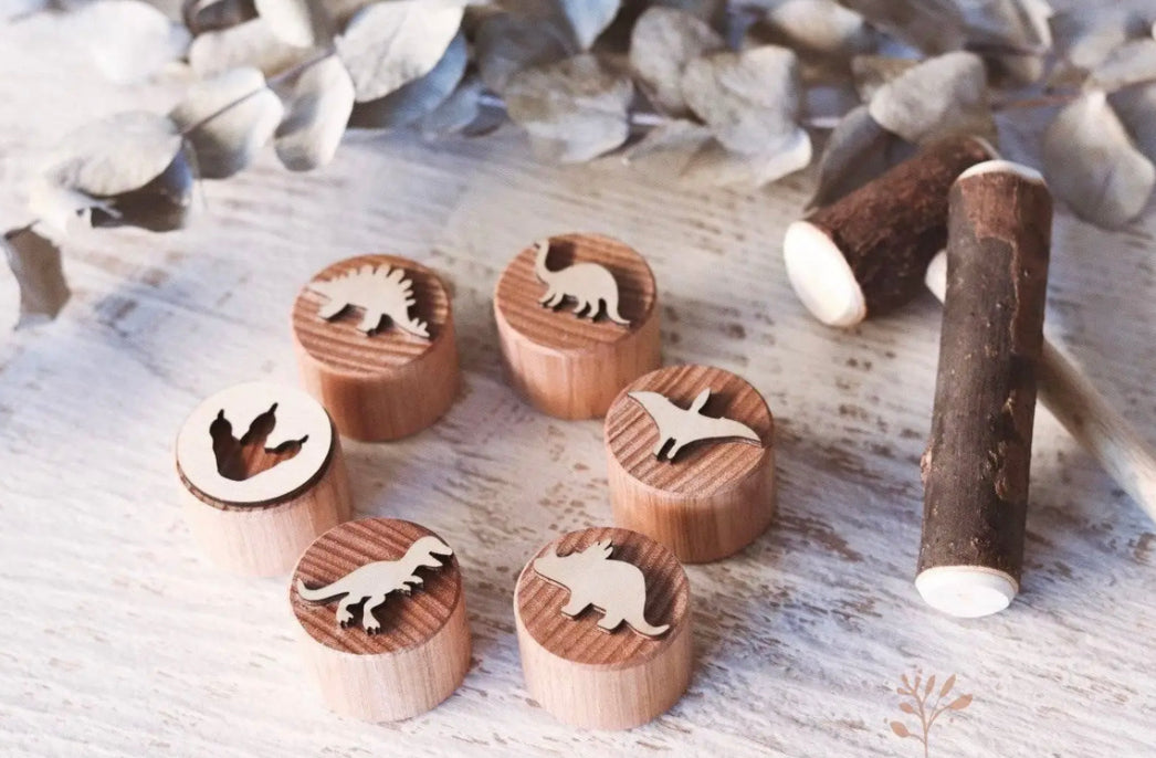 Dinosaur wooden dough stamps with natural wood for play dough and sensory play