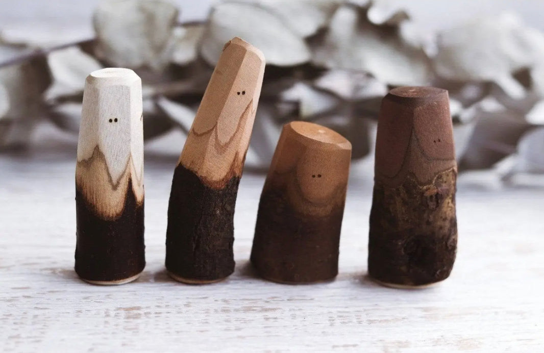 Family of four mixed bark Tree People wooden figures for nature tables and small-world play