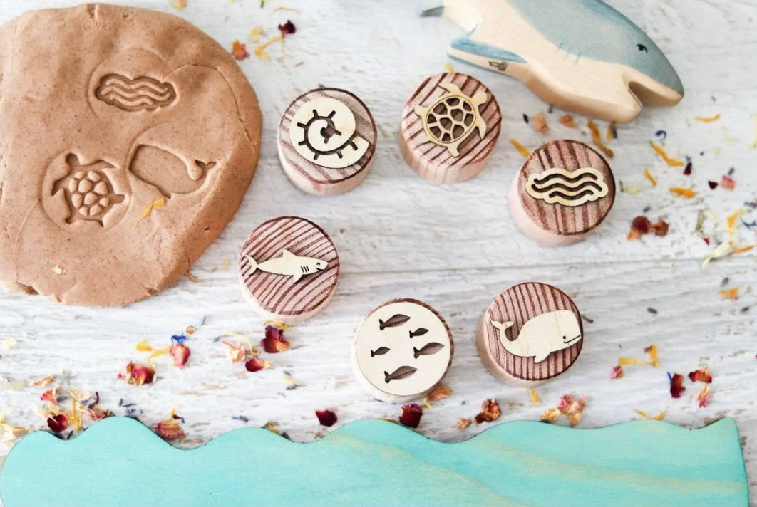 Ocean wooden dough stamps with sea life shapes for play dough and sensory play