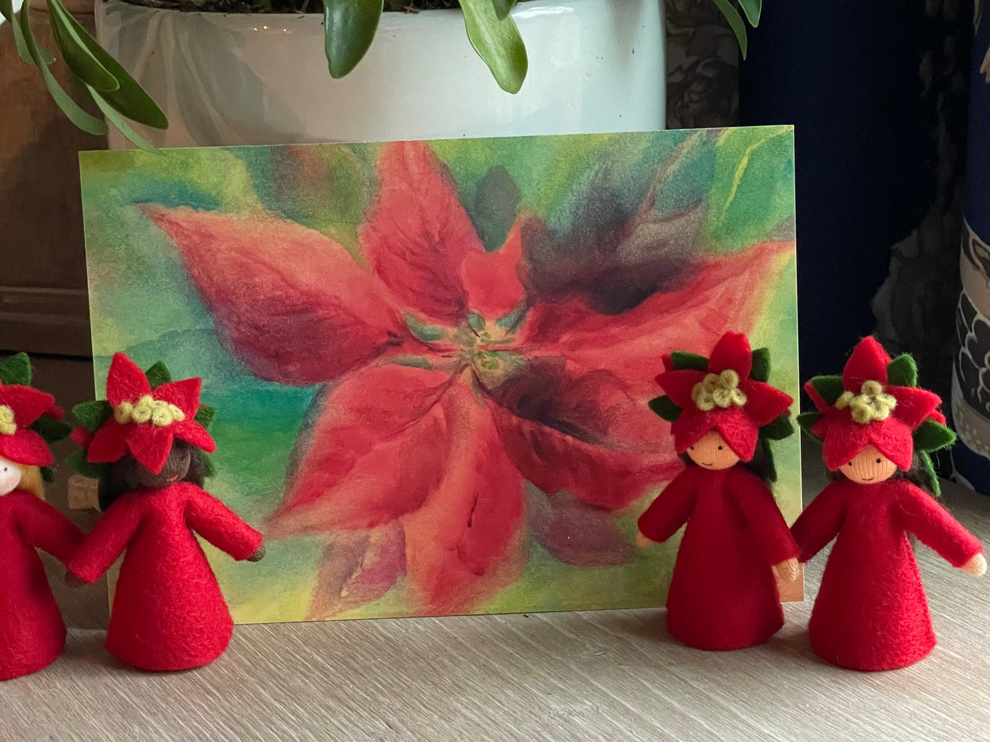 Poinsettia Flower Fairy Dolls by Ambrosius in front of a ponsettia post card