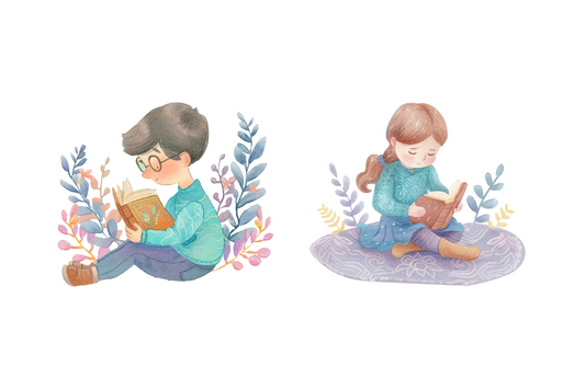 Two children sitting on ground reading a book in watercolors