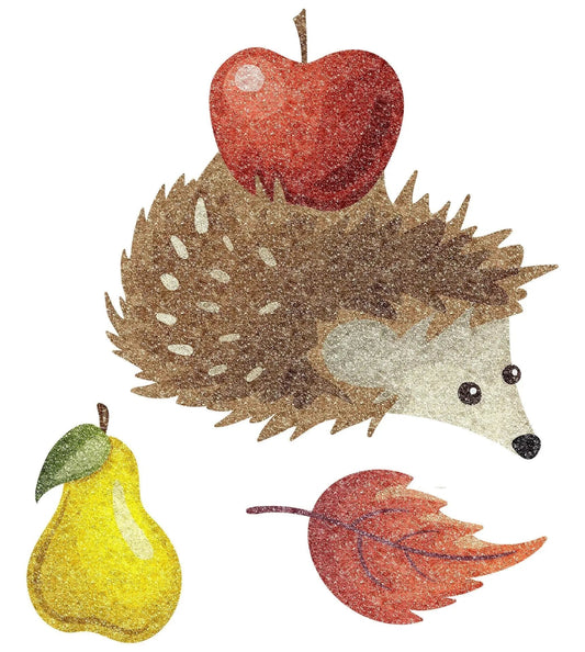 illustrated hedgehot with an apple on back, pear and autumn leave