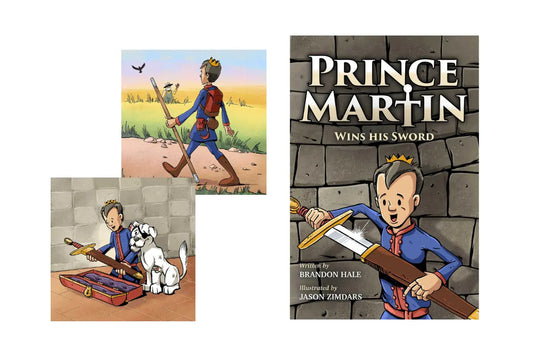 Book cover of Prince Martin Wins His Sword and two illustrations from the book