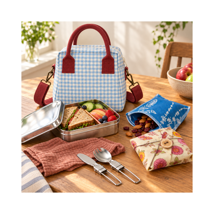 Cotton canvas insulated lunch box, sandwich bags, napkins and utensils for school and work lunches