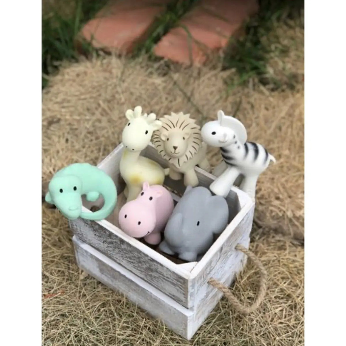 Rubber bath toys by Tikiri showing a crocodile, hippo, elephant, lion, zebra, and giraffe