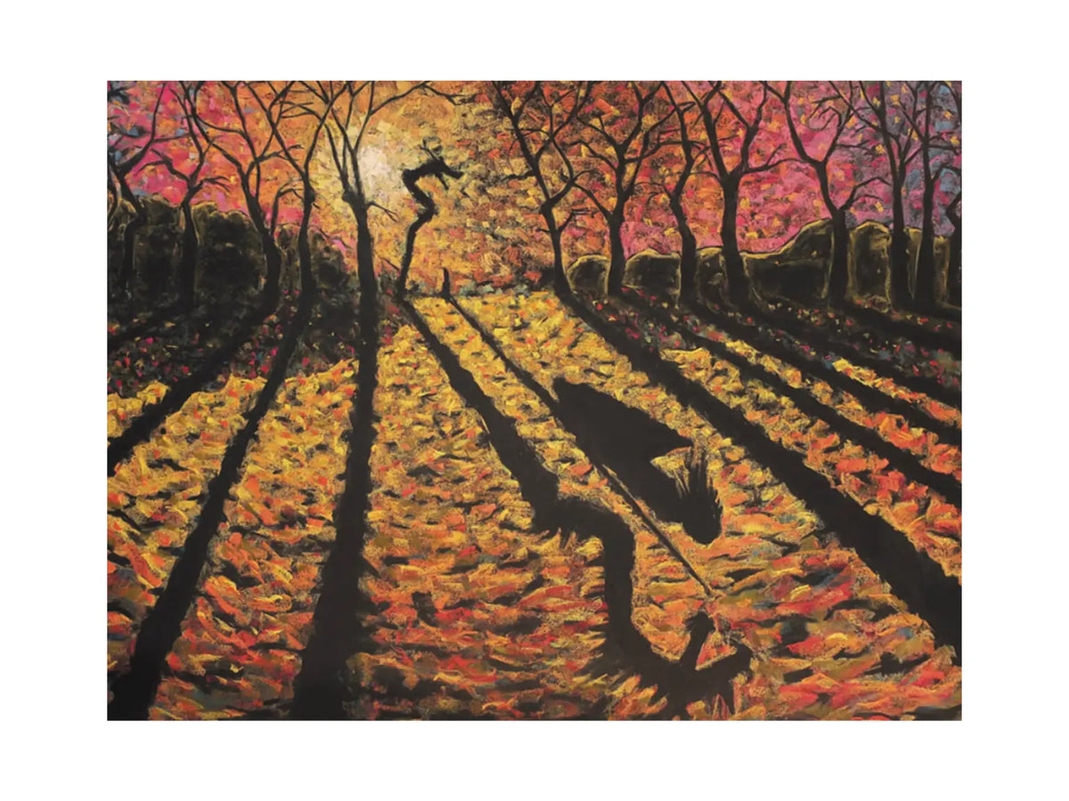 MIchaelmas postcard with trees and shadows of trees, a dragon, and a person with a shield