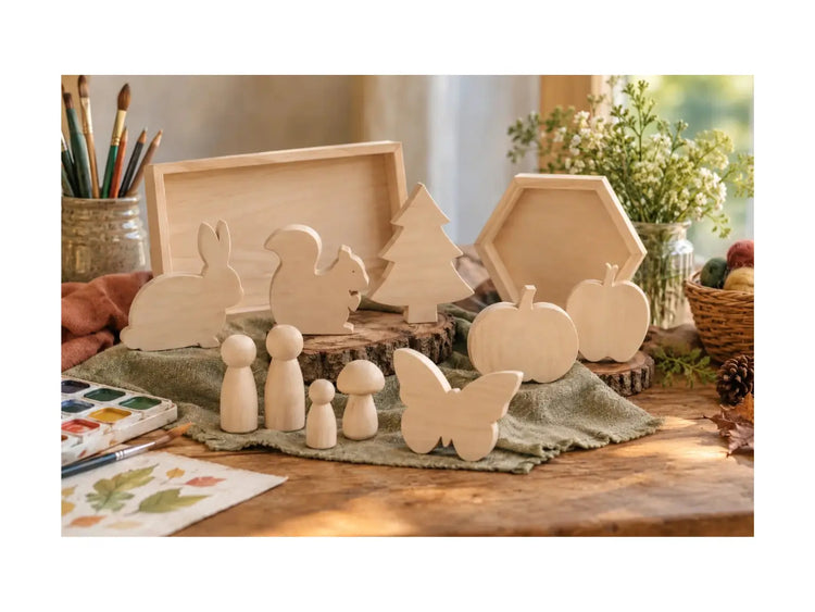 a collection of wood craft base cutouts, trays, and peg dolls