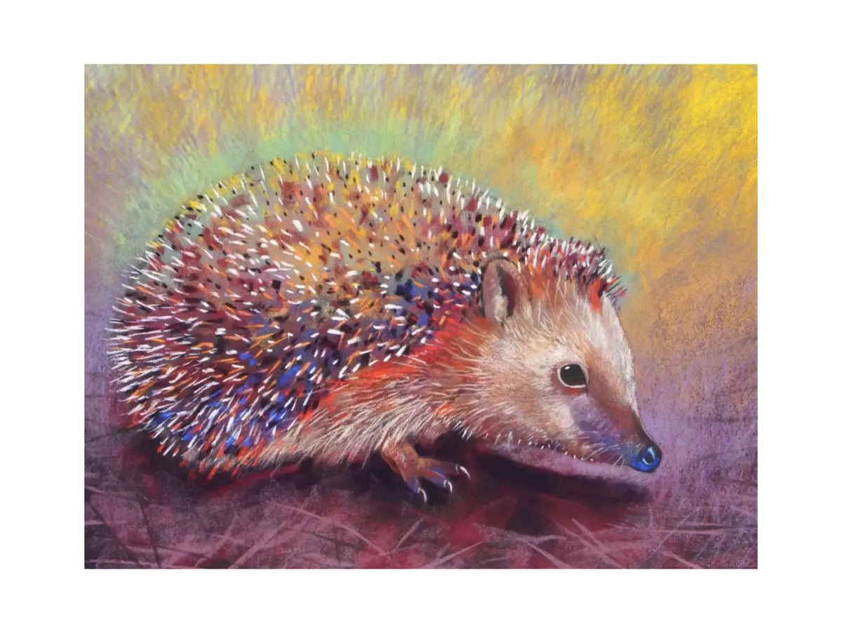 Colorful postcard of a hedgehog on a textured background