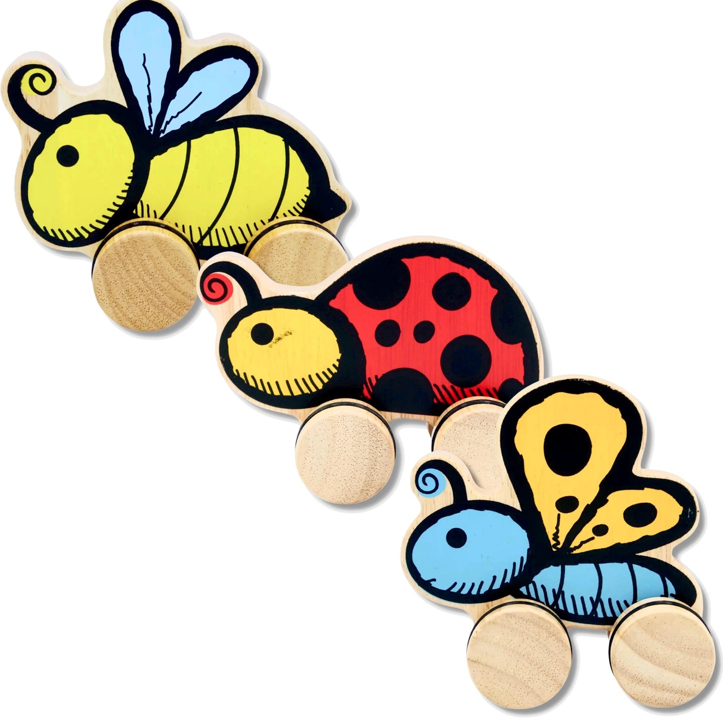 Set of three Toddler Push Toys - Butterfly, Bee, Ladybug on white background