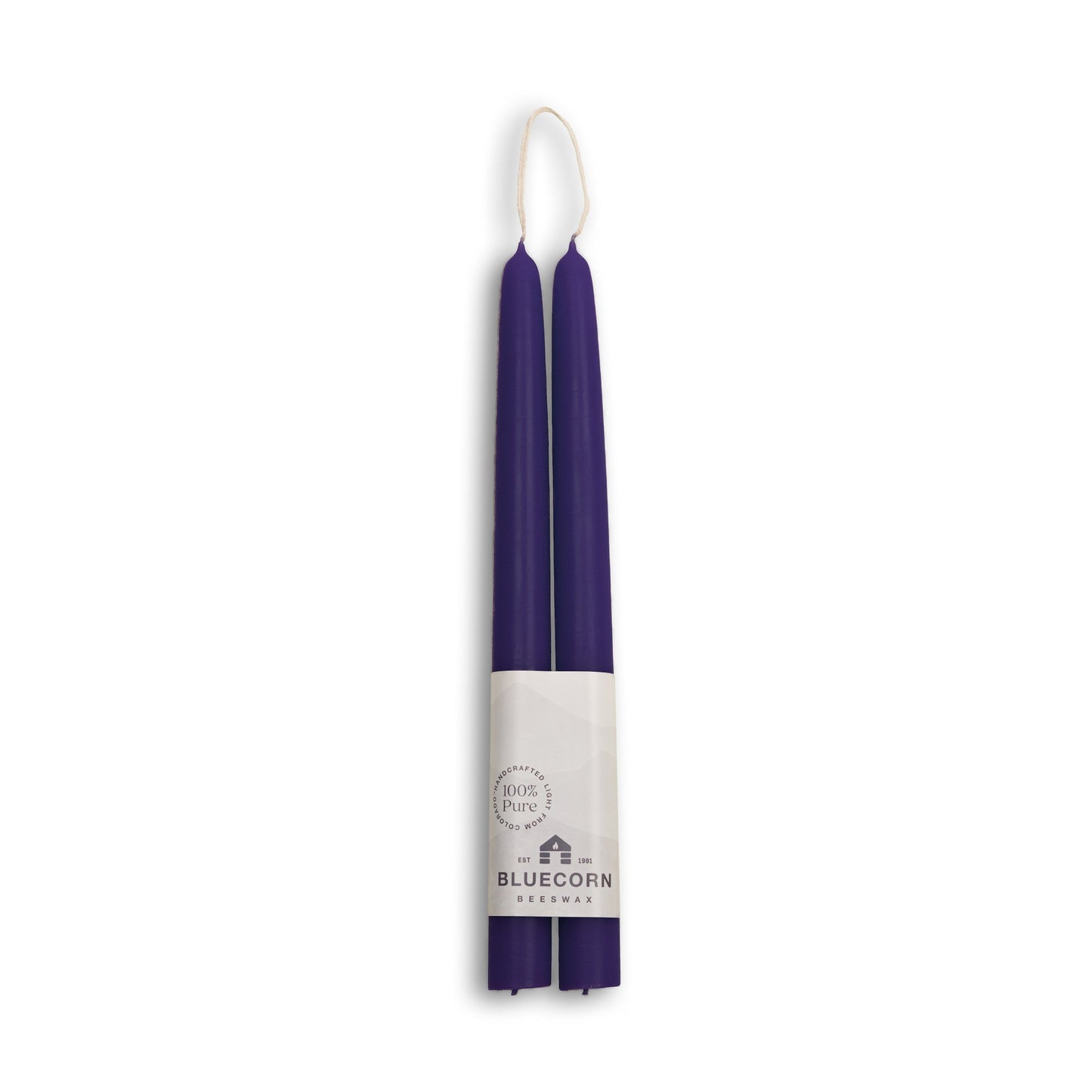 Two 10 inch eggplant candles in a white holder with 'Bluecorn' branding on a white background