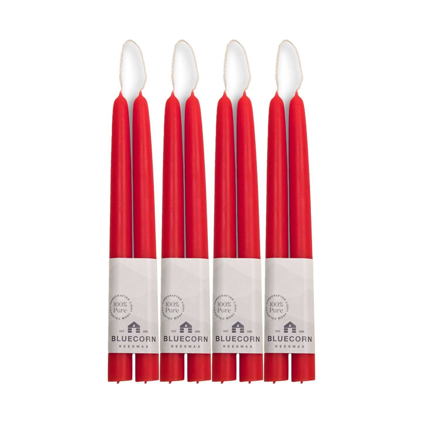 Set of red 10-inch beeswax taper candles with white wicks