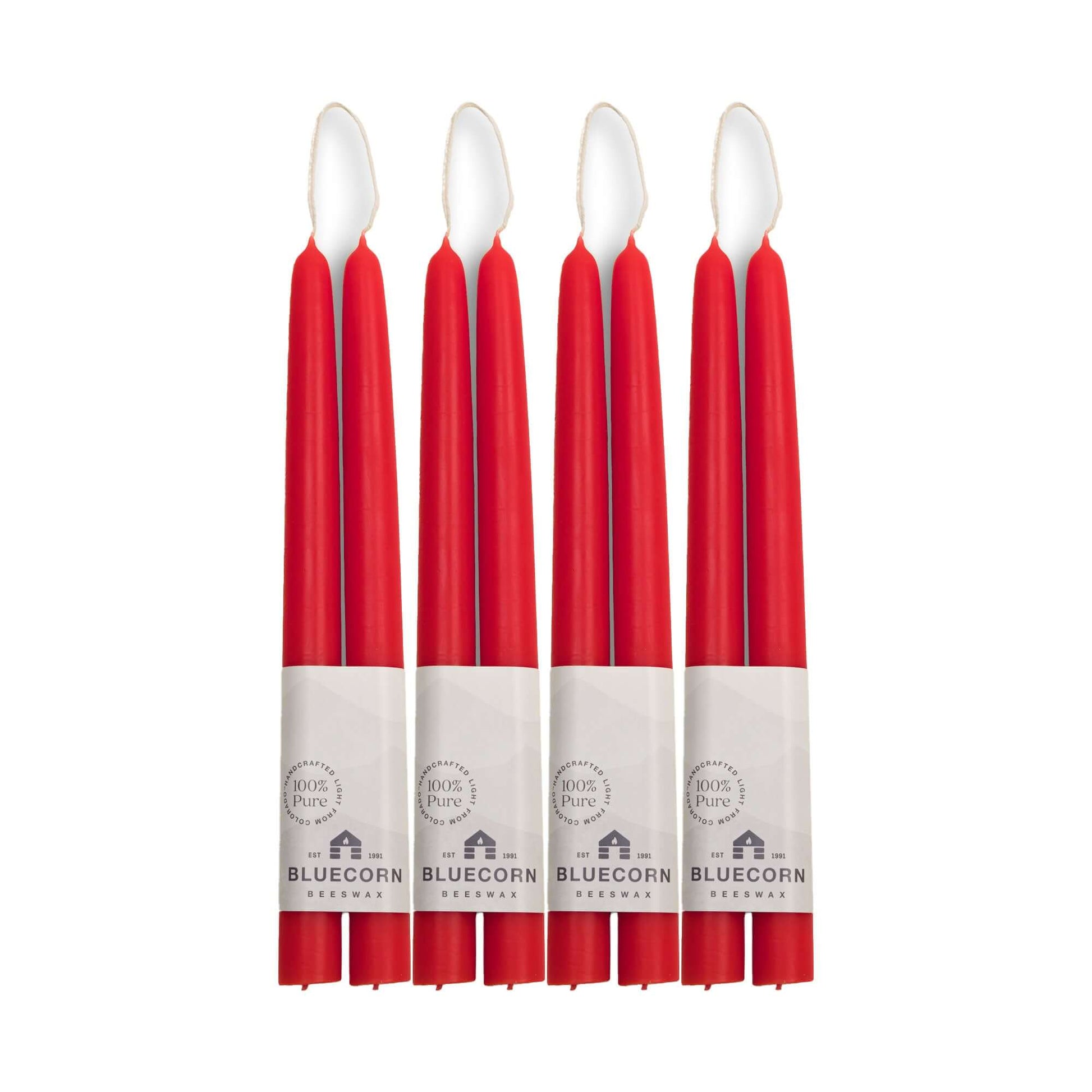 Set of red 10-inch beeswax taper candles with white wicks