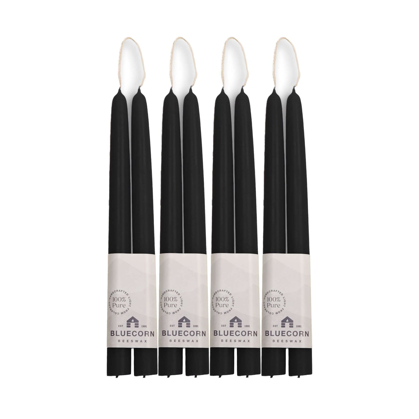 Set of black 10-inch beeswax candles with white labels 