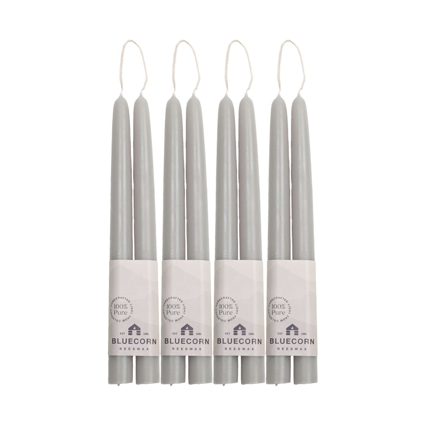 Set of six 10-inch gray beeswax taper candles with Bluecorn branding
