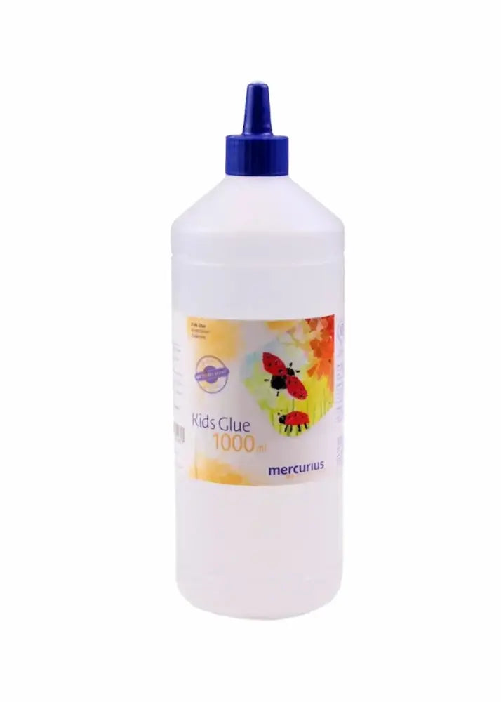 Bottle of kids glue with a colorful label on a white background