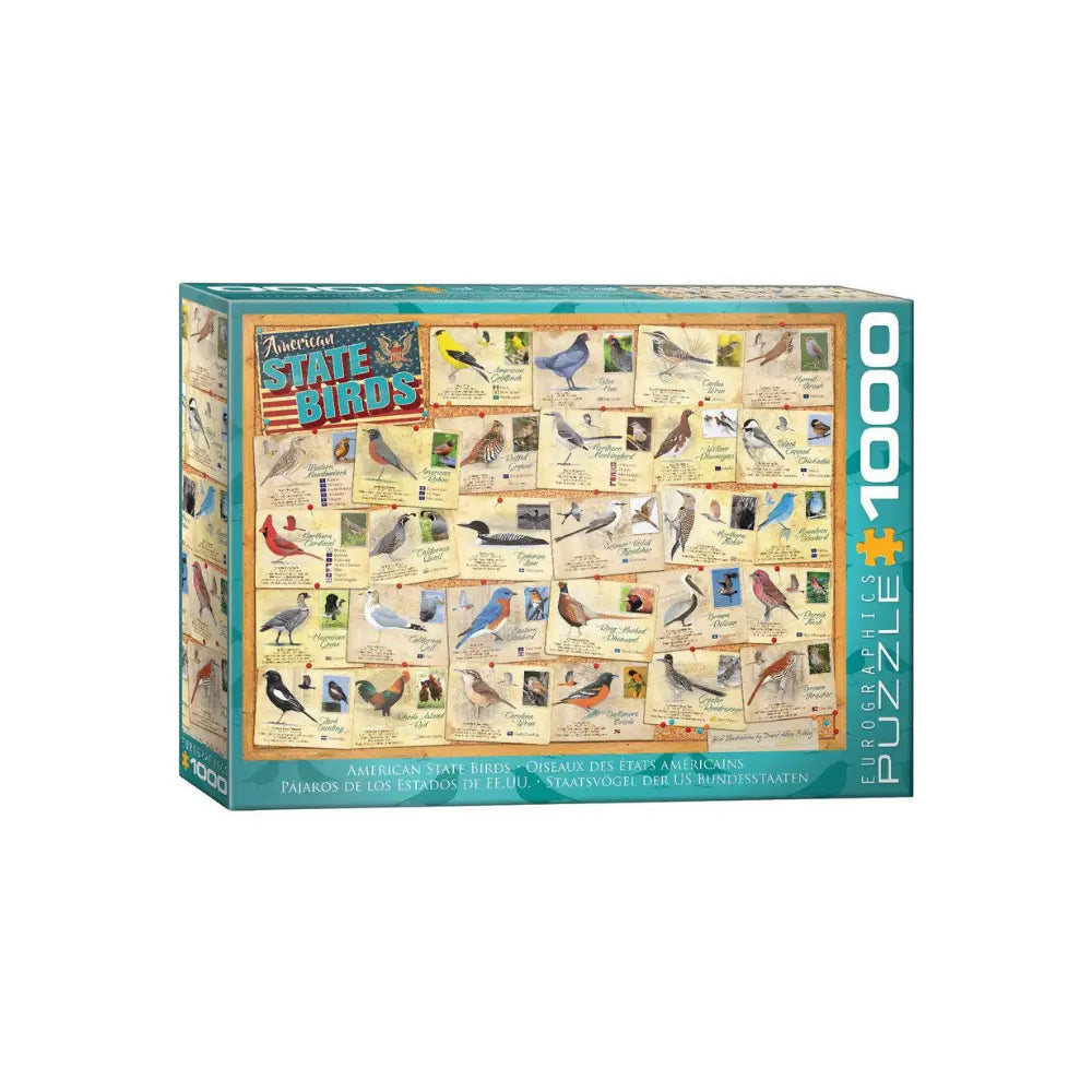 Jigsaw puzzle box featuring illustrations of birds on a white background