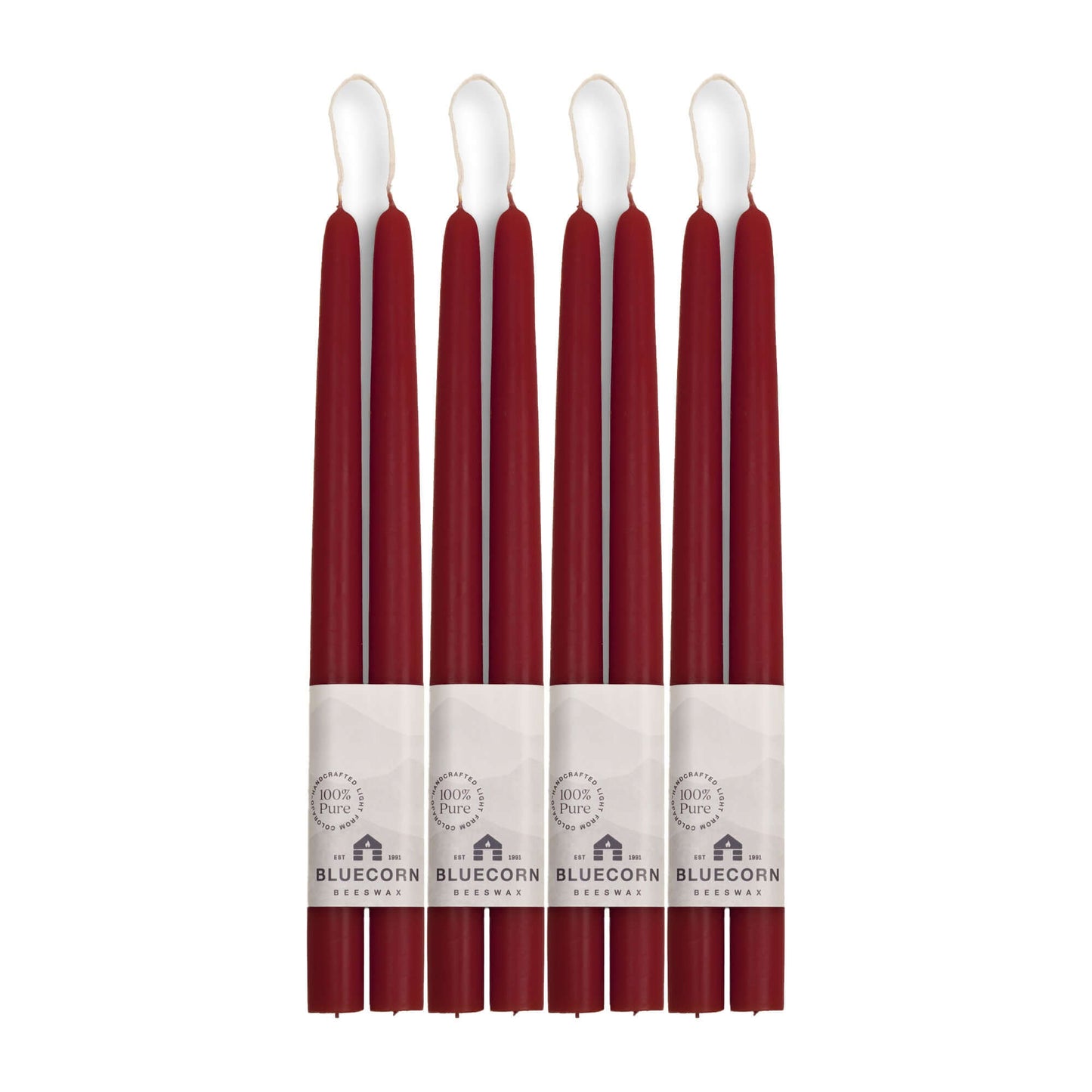 set of burgundy red 12-inch taper candles with white wicks