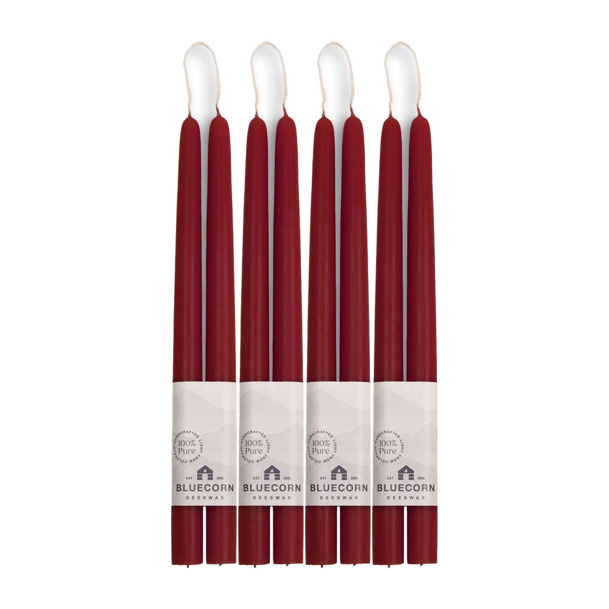set of burgundy red 12-inch taper candles with white wicks