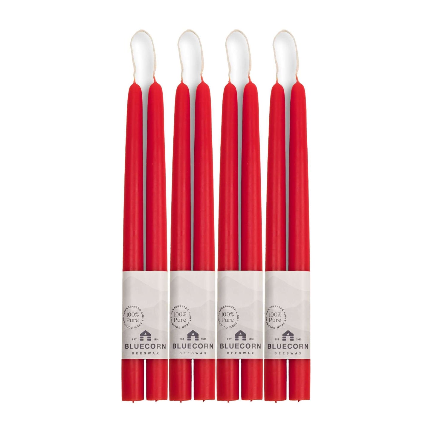 Set of red 12-inch beeswax taper candles with white wicks