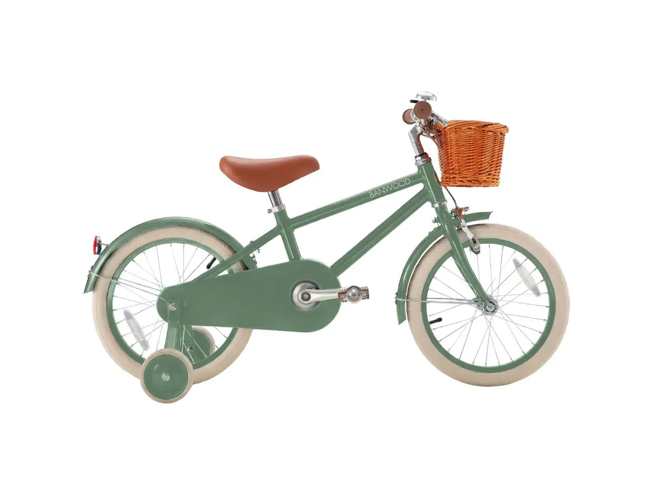 Forest green 16 inch children's bicycle with a basket on a white background