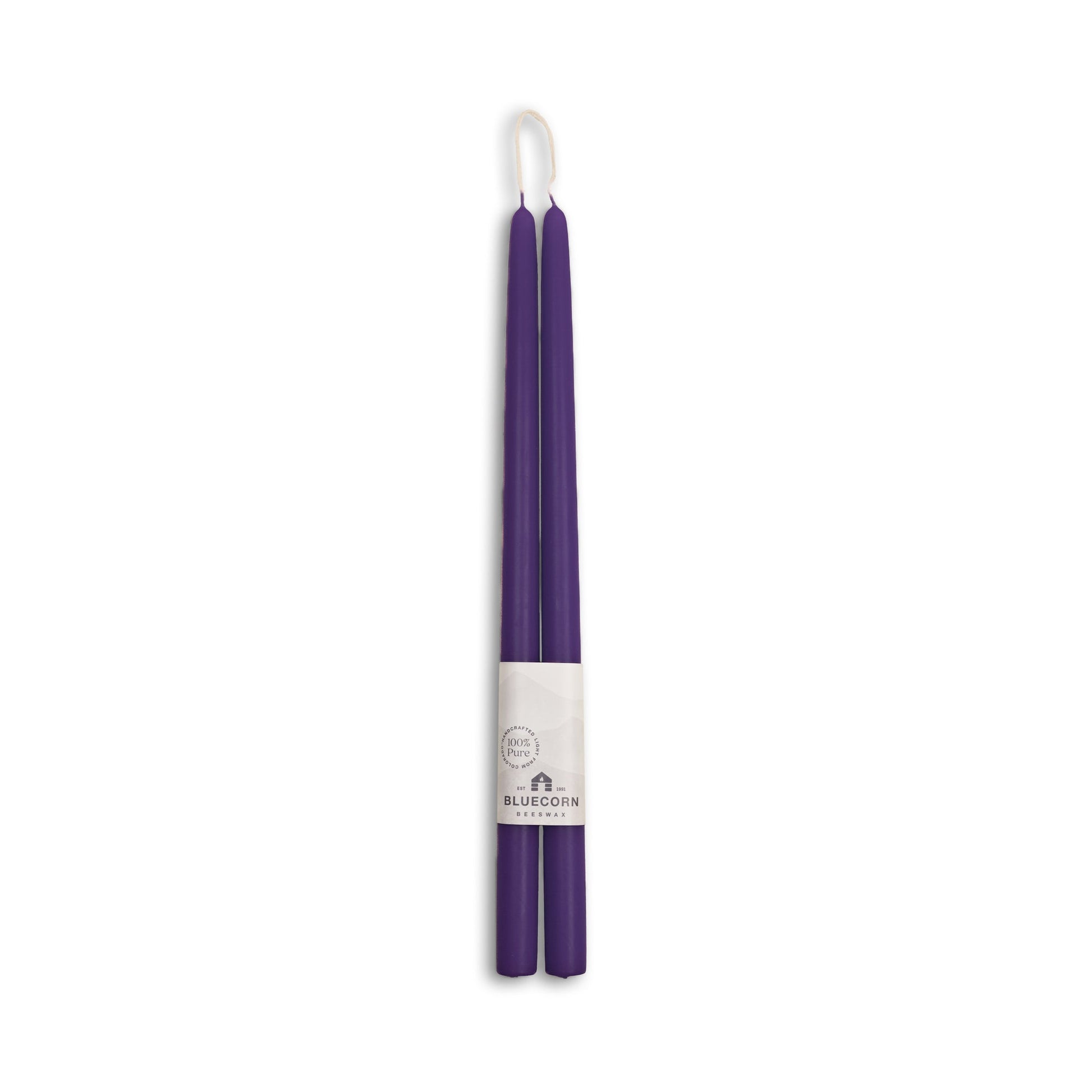 Two 16 inch eggplant candles in a white holder on a white background